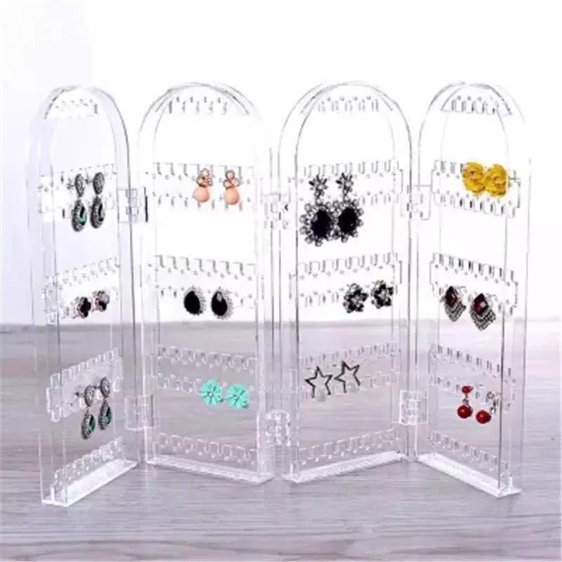 4 Door Acrylic Jewellery Rack, Transparent Foldable Screen Necklace Display Rack, Hanging Jewellery Organizer Double Sided, Earrings Organizer Stand Display 4 Door Acrylic Jewellery Rack, Transparent Foldable Screen Necklace Display Rack, Hanging Jewellery Organizer Double Sided, Earrings Organizer Stand Display